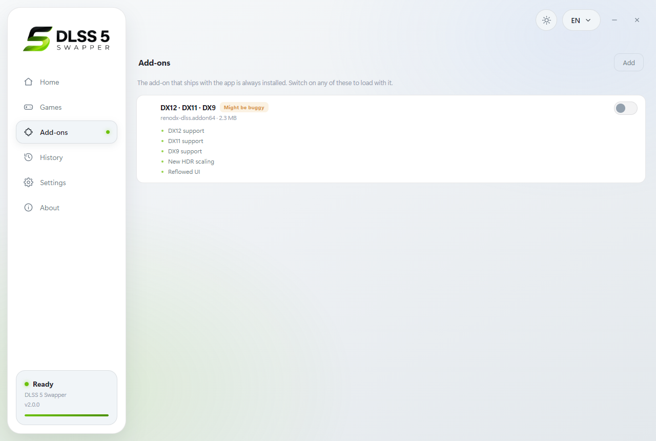 Historical Swapper Add-ons interface showing component management